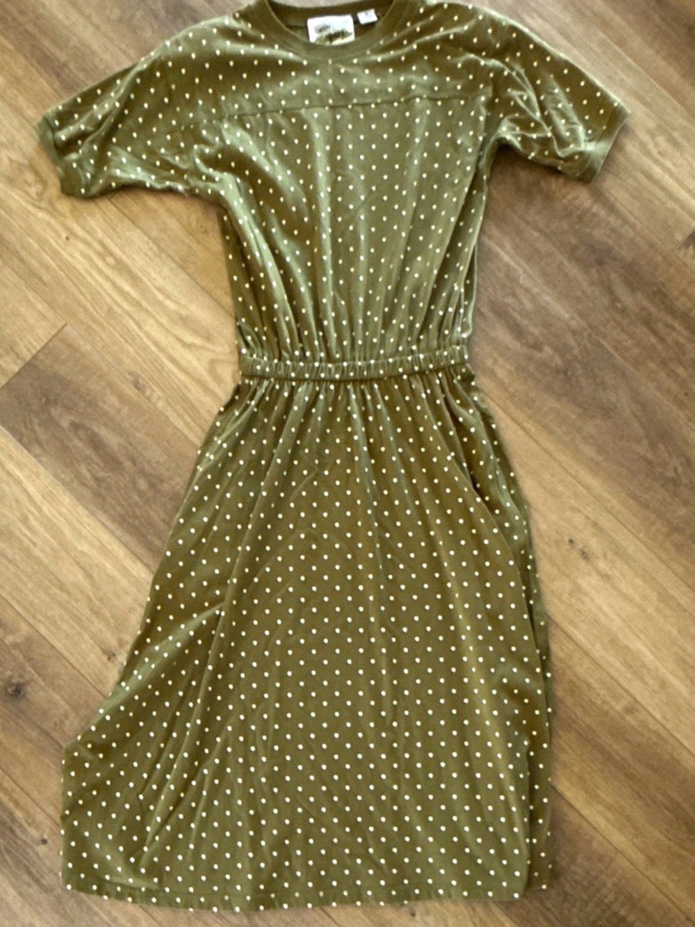 Vintage Caren Sport Olive Green Polka Dot Midi Dress with removable shoulder pad